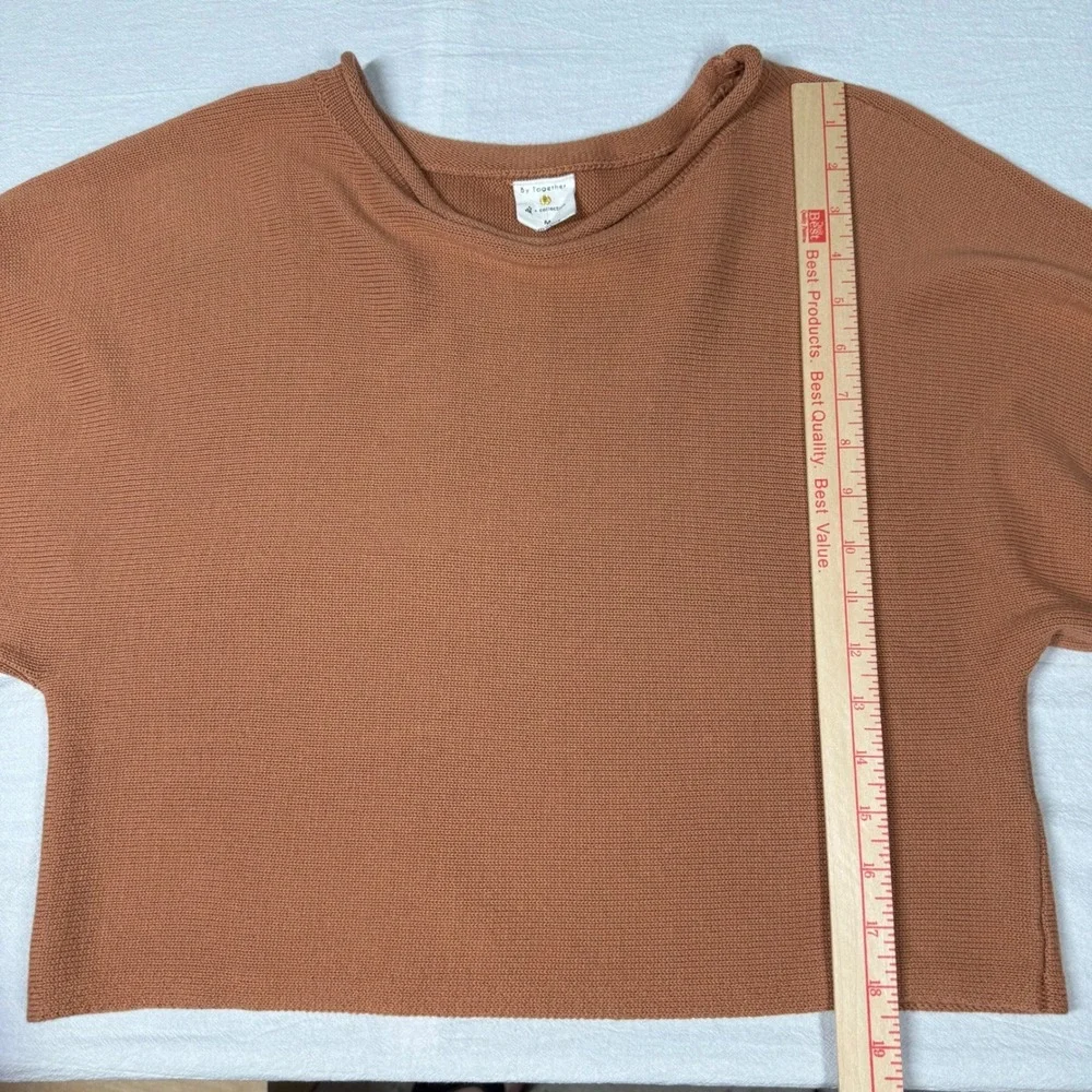 By Together Womens M Rust Brown Cropped Sweater Balloon Sleeve Cotton Knit Boho